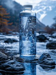 a glass water bottle on the background of a mountain river. mock up water bottle on a picturesque background. a bottle of pure clear water - obrazy, fototapety, plakaty