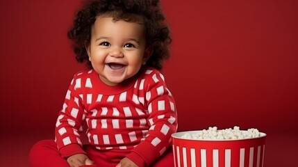 Smiling child girl with popcorn from red cinema box isolated on solid background