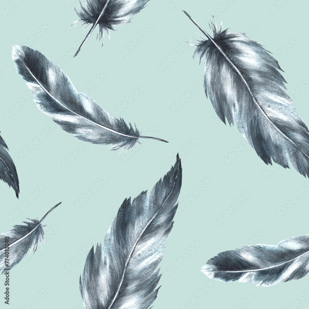 Wall mural Watercolor seamless pattern. Monochrome bird feathers grey black color, granulation of shades, ornaments. Quills wings drawing illustration Wallpaper wrapping fabric .Isolated mint coloured background