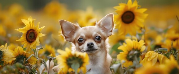 Chihuahua little puppy cute smiling in yellows sunflower flowers