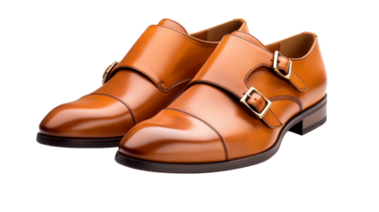 A pair of brown shoes elegantly posed on a white background
