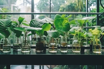 Biological chemistry test in plant science laboratory with organic leaf experiment in test tube
