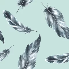 Fototapete Boho-Tiere Watercolor seamless pattern. Monochrome bird feathers grey black color, granulation of shades, ornaments. Quills wings drawing illustration Wallpaper wrapping fabric .Isolated mint coloured background