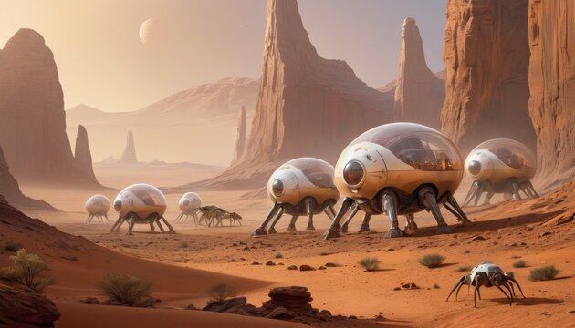 Futuristic exploration base with bio-dome habitats and spider-like robots, set against a desert planet's stark landscape.. AI Generation