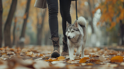 Woman legs walking with a small husky dog in the park - obrazy, fototapety, plakaty