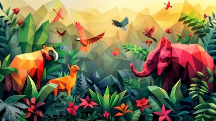 Colorful low poly scene features geometric animals in vibrant habitat