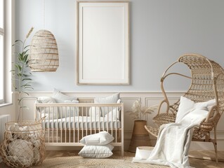 Mockup frame in child room with natural wooden furniture
