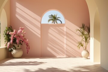 Tropical plants shadow on light wall, pastel color background for interior decor, Peach Fuzz color