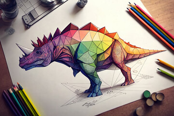 The dinosaur is drawn on a sheet of white paper in Low Poly style, in coloured triangles. Kid's drawing with crayons.
