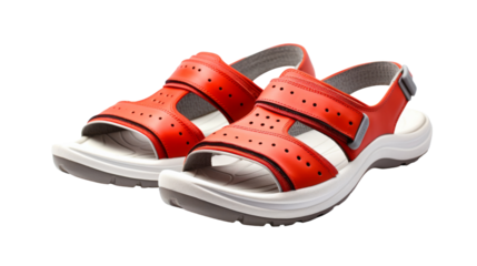 A striking pair of red sandals stand out on a pristine white background