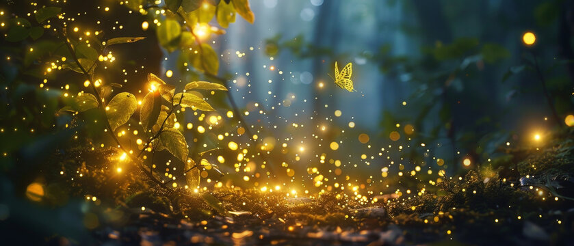 A forest scene with a butterfly flying through the air
