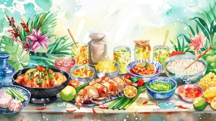 Traditional Songkran Festival food prepared in a watercolor kitchen scene, showcased in a warm and inviting banner with text Songkran Festival