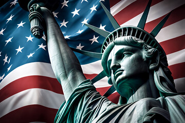 Obraz premium Statue of Liberty on the American flag. Freedom and Independence. 