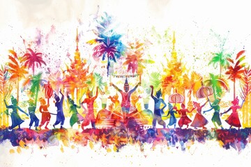 Watercolor banner of a Songkran parade, with floats and dancers under the vibrant festival name with text Songkran Festival - obrazy, fototapety, plakaty