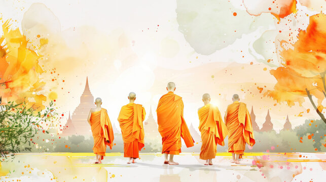 Songkran Festival banner with a watercolor scene of monks in orange robes, embodying peace and blessings with text Songkran Festival