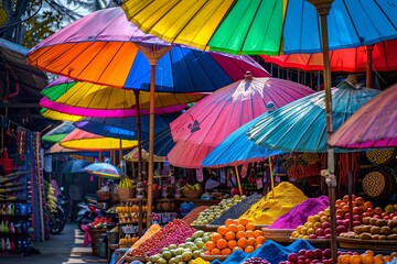 Local street market in rural Thailand. An outdoor Asian food market with a variety of colorful vegetables and fruits on a rainy day