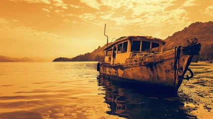 Fotobehang Boat photographed using a redscale film effect, capturing a tranquil expression on the people's faces © Mehran
