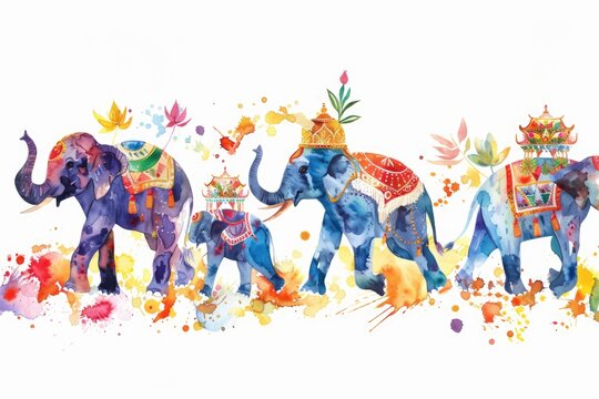 Banner depicting Songkran Festival with watercolor elephants marching, symbolizing strength and festivity with text Songkran Festival