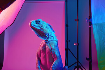Retrato camaleón en estudio fotográfico con fondo colorido y luces de colores - obrazy, fototapety, plakaty