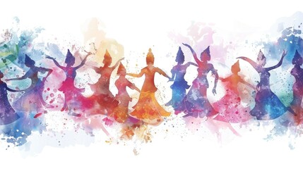 Songkran Festival banner capturing a watercolor moment of traditional Thai dance, elegance in every stroke with text Songkran Festival