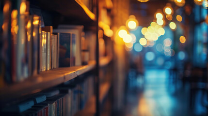 Bookstore illuminated by warm light, inviting readers to explore its shelves - obrazy, fototapety, plakaty