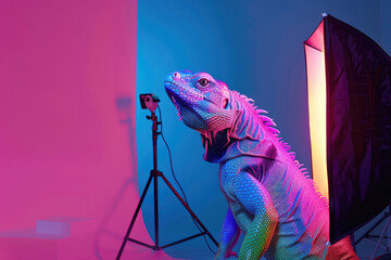 Retrato camaleón en estudio fotográfico con fondo colorido y luces de colores
