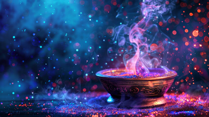 A small, ornate bowl with a blue and purple flame inside - obrazy, fototapety, plakaty