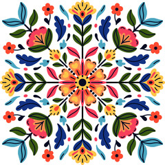 Traditional Mexican folk ornament with symmetrical pattern of colorful flowers and leaves. Floral motifs. Flat design for textile printing, decor, packaging, cards. Isolated illustration
