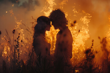 fotografía cinematográfica conceptual de una pareja sobre las relaciones de pareja y la toxicidad y el amor libre, pareja en llamas