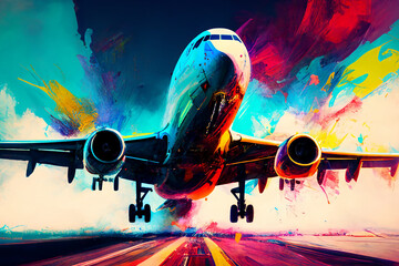 Passenger plane lands at airport, Colorfully drawn image, art.  - obrazy, fototapety, plakaty