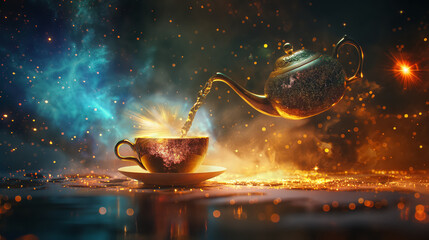 beautiful composition of tea is pouring from teapot into a cup. space for text - obrazy, fototapety, plakaty