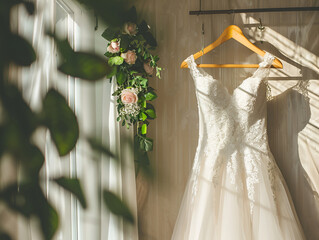 Assortment of wedding dresses on a hanger in a wedding salon. Fashionable wedding trends.