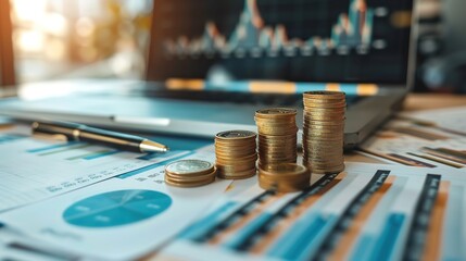 Economic finance and investment background with coins and charts. Monetary values and financial transactions convey the interconnectedness of finance and investment in economic activity. - obrazy, fototapety, plakaty