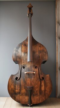 A large double bass with four strings standing against a gray wall