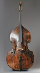 Vintage double bass stands against a neutral gray background highlighting its wood texture and craftsmanship