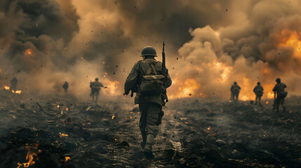 Soldiers Marching Through Battlefield Amidst Explosions and Fire