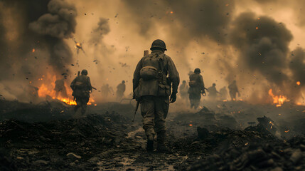 Soldiers Marching Through Battlefield Amidst Explosions and Fire - obrazy, fototapety, plakaty