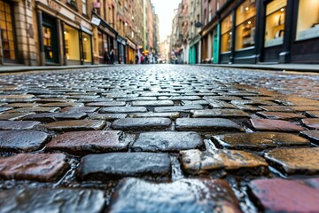 a wet cobblestone street with buildings in the background - obrazy, fototapety, plakaty