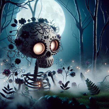 A beautifully haunting skeleton, eyes aglow, stands amidst a foggy, moonlit forest setting, surrounded by delicate flowers and soft lighting. AI Generation
