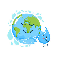 Naklejka premium Planet Earth and a drop of water. Cute characters on a white background.