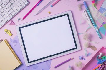 a tablet and various stationery on a pink surface