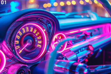 Aesthetic vaporwave closeup of a vintage car dashboard neon lights digital art