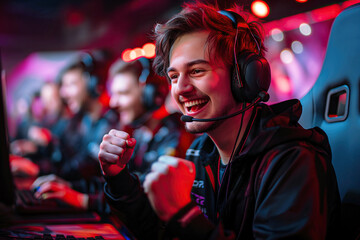 happy male teenage esports player gamer smiles and joy at winning team e-sports competitions in...