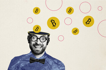Composite photo collage of funny gay hole head big eyes glasses bow tie blockchain bitcoin earnings...