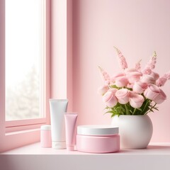round podium in pale pink color with a tube of cosmetics and a jar of cream without labels, on a white background