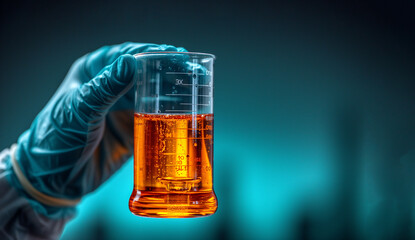 A gloved hand holds a glass beaker, a flask with ethanol biofuel in blue background. Natural plant alternative fuel energy, oil renewable research in industrial laboratories