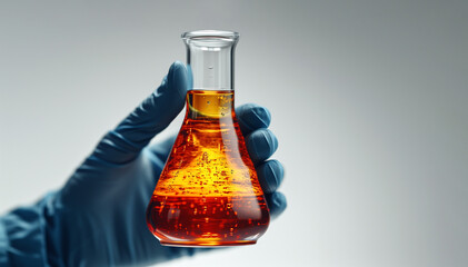 A gloved hand holds a glass beaker, a flask with ethanol biofuel in white background. Natural plant alternative fuel energy, oil renewable research in industrial laboratories