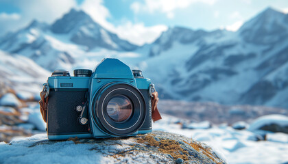 World photography day . Modern new camera with mountains on the background