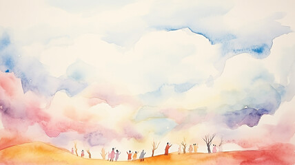 Cheerful people walking against the background of clouds, a kid's postcard in watercolor style - obrazy, fototapety, plakaty