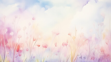 Multicolored wildflowers against the sky, greeting card in watercolor style